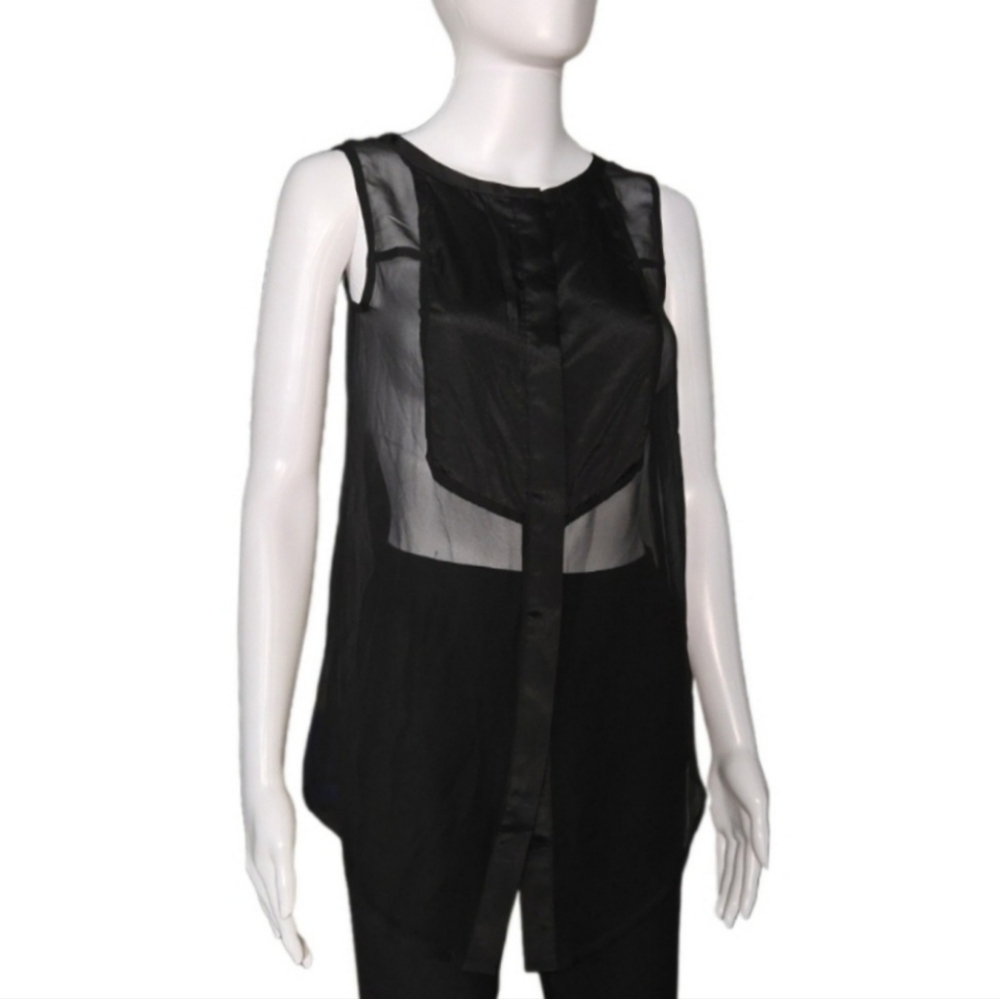 NAMI Sheer Black Tuxedo-Style Bib Button-Down Shirttail Hem Sleeveless Blouse 2